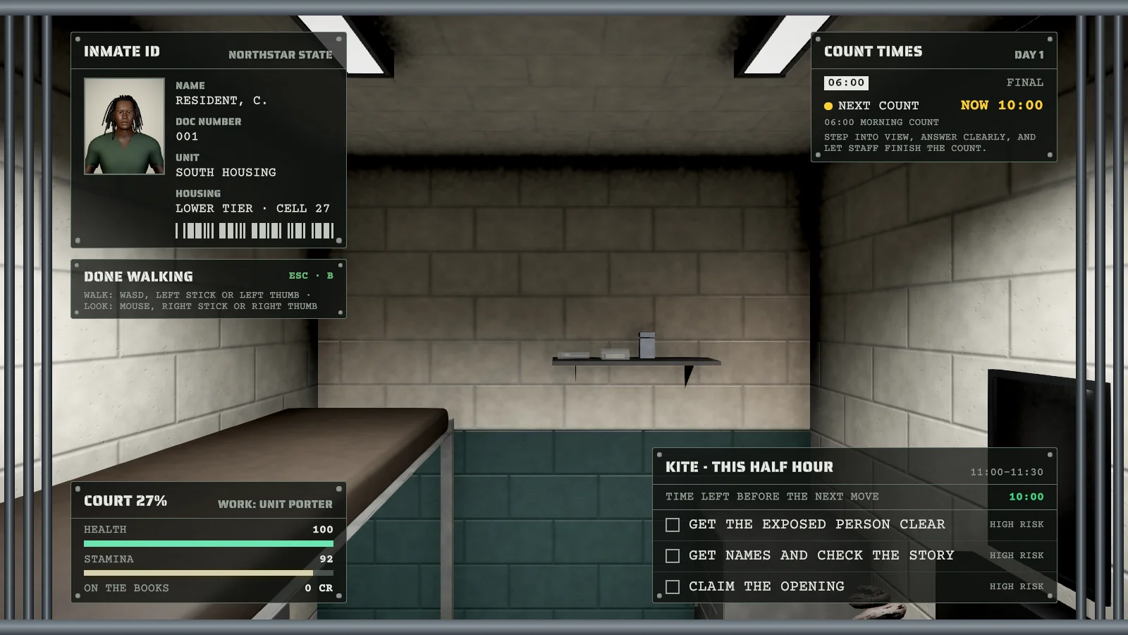 Bars or Badge 3D 0.6: the inmate's screen in the cell: the ID card, the count times, and this half hour's kite