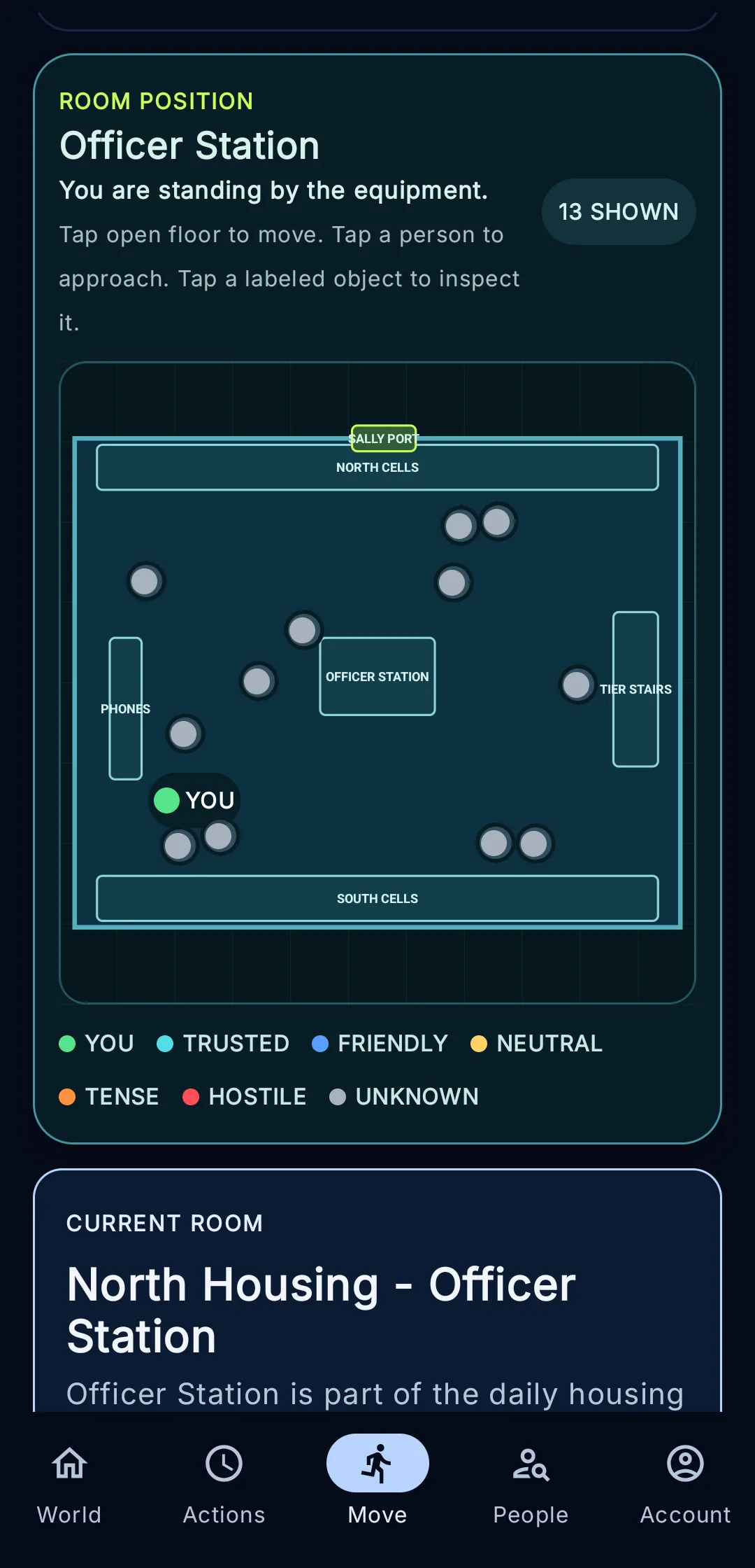 Bars or Badge Lite 0.67: the room from overhead: everyone in it, coloured by what they are to you