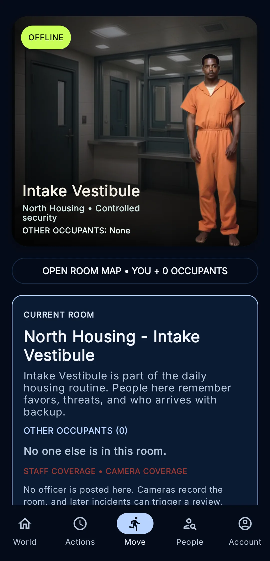 Bars or Badge Lite 0.67: a new arrival in county orange standing in the Intake Vestibule, the room drawn behind him